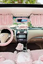 可愛いデザインの車内装飾セット【冬季用・ピンク・シートベルトパッド・バックミラーカバー・CD収納】