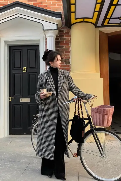 クラシック千鳥格デザインのウールコート【秋春用・大人のエレガンス・テーラードカラー】