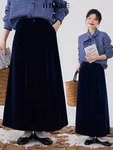 HTmeme ヴィンテージ風 深い青のベロアミディスカート【秋冬用・女性用】