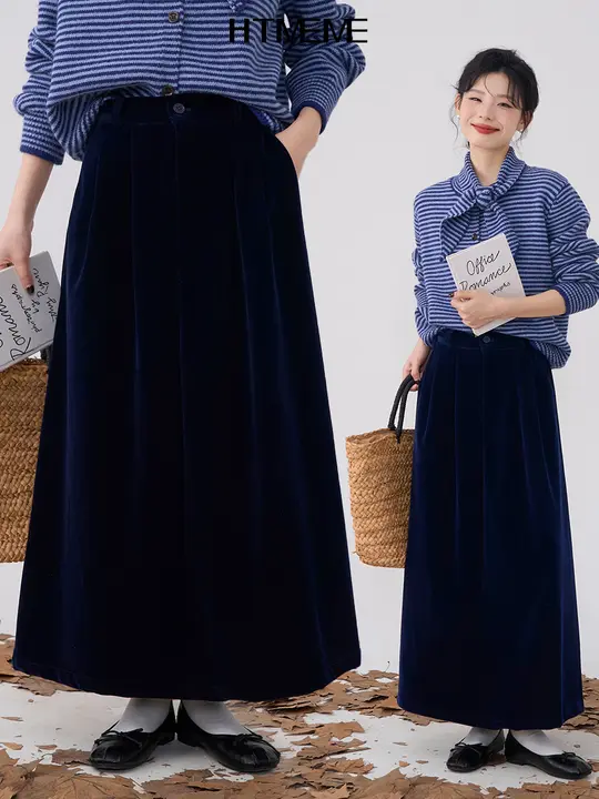 HTmeme ヴィンテージ風 深い青のベロアミディスカート【秋冬用・女性用】