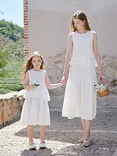 親子コーデ 白色ワンピースとスカート【夏用・半袖・大人と子供兼用】（セットアップ対応）