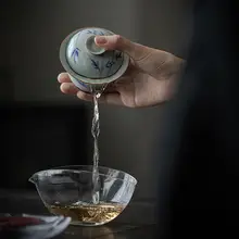 古青風手描き茶碗【青花竹子デザイン・陶器・高足・家庭用功夫茶具】