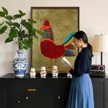 金の鶏が朝を告げる意味深い手描きの中華風油絵【モダンリビング用】