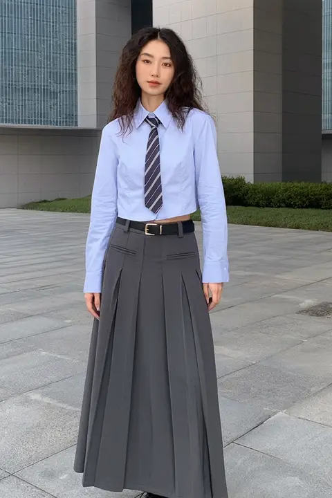 高腰グレーウエストスカート【Aライン・プリーツデザイン・春秋用】