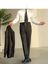 スラックス メンズ ストライプ ダークグレー ナポリ風 ハイウエスト スリムフィット 形態安定 ビジネス カジュアル 秋「PAPER」