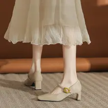 新中式デザインのフラットトゥマリージェーンシューズ【厚いヒール・アンクルストラップ・ドレスやチーパオにぴったり】