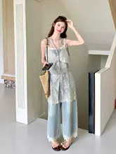 レースデザインのデニムベストとロングパンツ【夏用・おしゃれ】（セットアップ対応）