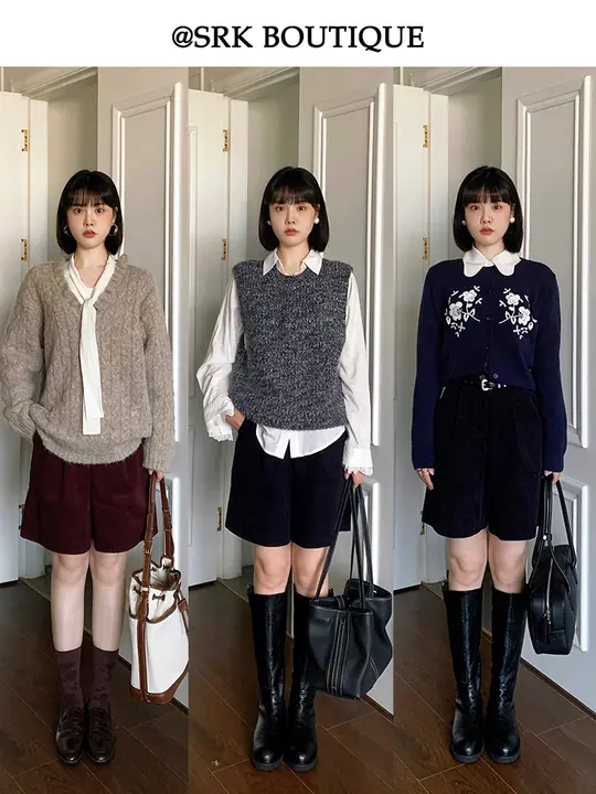 ワイドショーパンツ レディース コーデュロイ フレンチ風 ヴィンテージ ウエストマーク 着痩せ シンプル ベーシック ネイビー 秋冬「SRK」