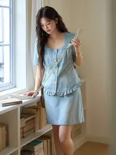 デザイン性に優れたデニムの女性用二点セット【夏季用・ビンテージスタイル・大きいサイズ】（セットアップ対応）
