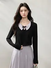 バイカラー蝶結びデザインの黒いボックスTシャツ【長袖・ダークカラー・女性用】