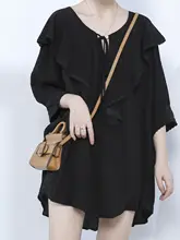 フィルダン リボン付きVネックプリンセススリーブ長袖トップス【大きいサイズ・ルーズフィット】