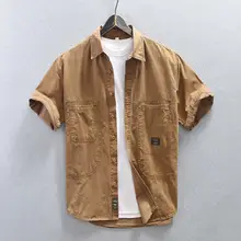 極上の柔らかさのコットン製 メンズ 工装風 カジュアル半袖シャツ【夏用・ゆったりしたデザイン】
