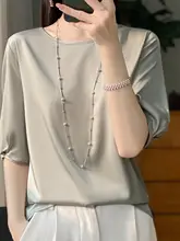 春夏用 ラウンドネック 絹製 半袖 レディースサテンTシャツ【ゆったり薄手・絹とアセテート】