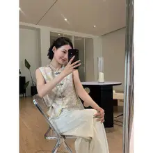 春の雰囲気を楽しむ新中式デザインの織りダウンベストと美しい模様のパンツ（セットアップ対応）