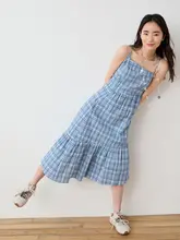 チェック柄キャミソールワンピース【夏用・フリルデザイン・プリーツ付き】