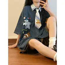 夏季アメリカンヴィンテージカートゥーン刺繍デニム半袖シャツ【ユニセックス・フィット・学院風】