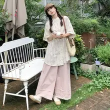 フラワープリントのゆったり短袖シャツとワイドパンツ【韓国風・カジュアルスタイル】（セットアップ対応）