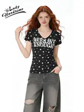 Vネックの星柄プリント半袖Tシャツ【レディース・フィット感のあるデザイン・カジュアル】