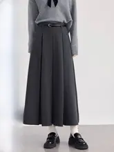 春用グレーのロングプリーツスカート【ハイウエスト・大きいサイズ・Aライン】