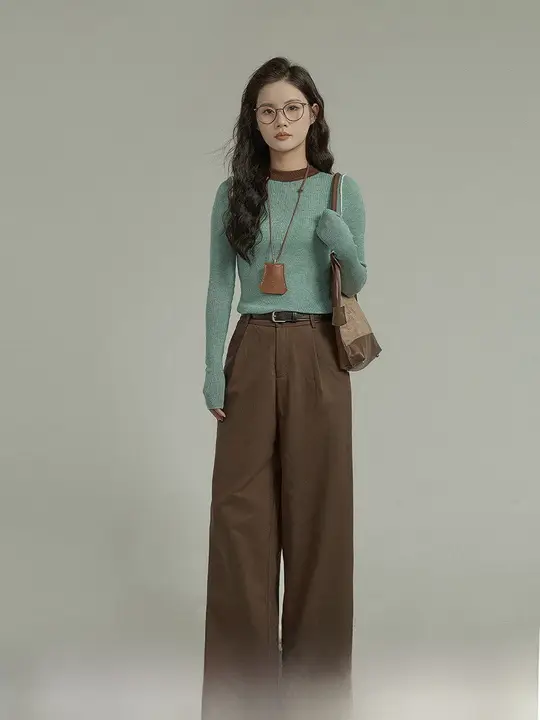 HUIXI レディース ブラウン カジュアルパンツ【ハイウエスト・ストレート・春用】