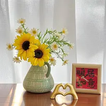 陶器製の花瓶【イミテーションのひまわり・インテリアデコレーション・リビング用・デスクトップ装飾】