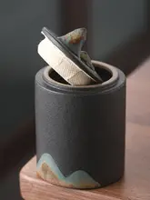手描きの遠山デザイン 茶葉缶【黒陶製・密封タイプ】