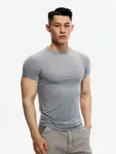 Tシャツ メンズ 半袖 薄手 高ストレッチ 正肩 スリムフィット 袖口リブ 筋肉強調 アメカジ ジム インナー 「DAYNY」