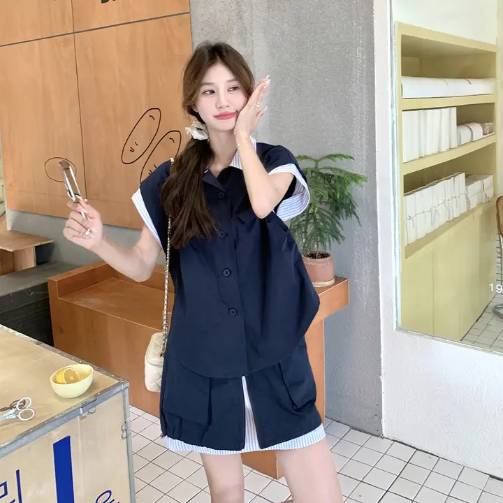 黒の工装風トップスとショートパンツ【ストライプデザイン・ゆったりシルエット・夏用】（セットアップ対応）