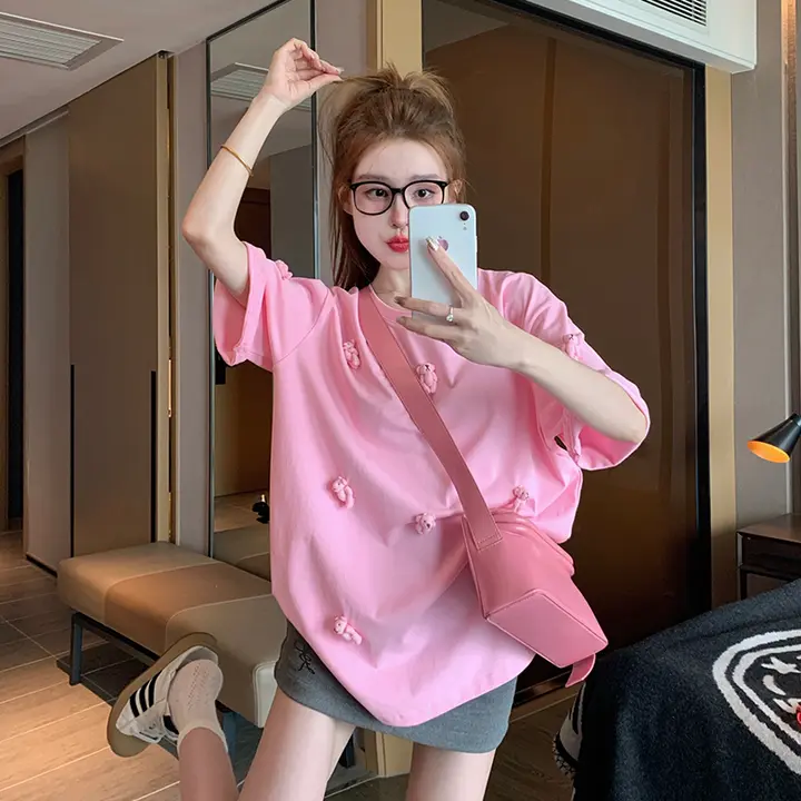 立体小熊デザインの粉色半袖Tシャツ【ゆったり・カジュアル・コットン】