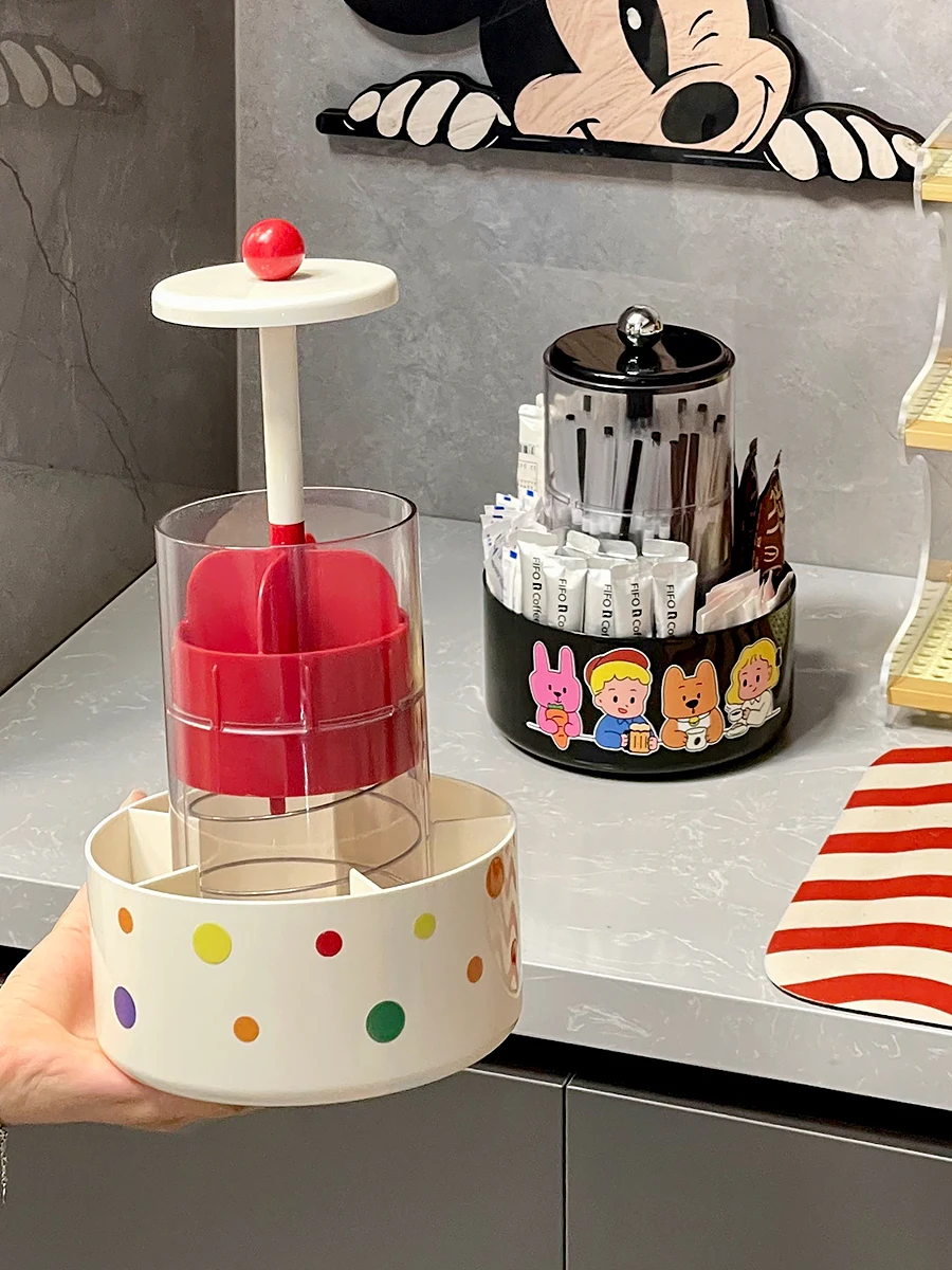 可愛いコーヒー角卓上プレス式昇降ストロー収納ボックス：事務用品の便利さを実現するデスク用収納解決策
