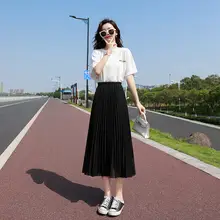 高腰デザインの夏用黒色シフォン百褶スカート【Aライン・膝下丈・極上の柔らかさ】（セットアップ対応）