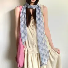 チェック柄ロングシルクスカーフ【夏用・多機能・ヘアバンドとしても使用可能】