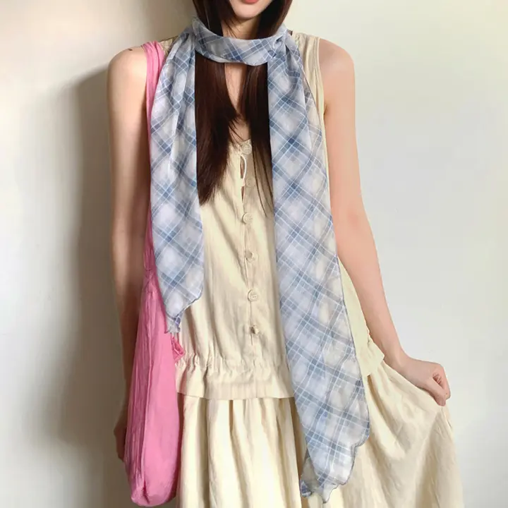 チェック柄ロングシルクスカーフ【夏用・多機能・ヘアバンドとしても使用可能】
