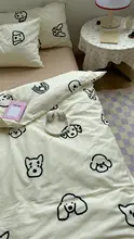 犬とパフ模様のかわいいベッドシーツセット【4点セット・コットン100%・学生寮用】