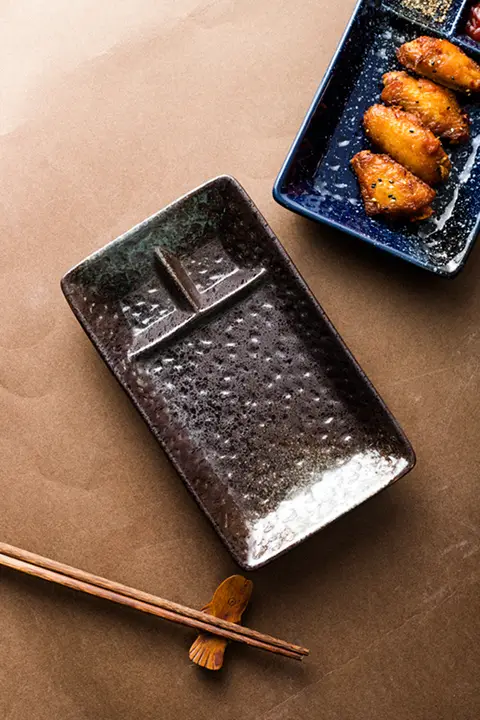 デザイン陶器製 長方形ギョーザプレート【お酢皿付き・創意的な食卓に】