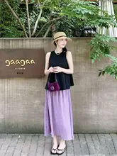高腰紫色コットンリネンAラインスカート【中長丈・2点セット・黒いタンクトップ付き】