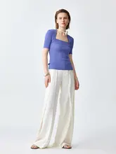 ROSELINGLING 高弾性フィット フランス風レトロスクエアネックニットTシャツ