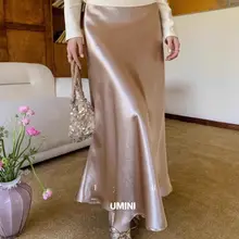 エレガントなサテン光沢のハイウエストスカート【女性らしさ引き立つ・ロング丈・着回し力抜群】