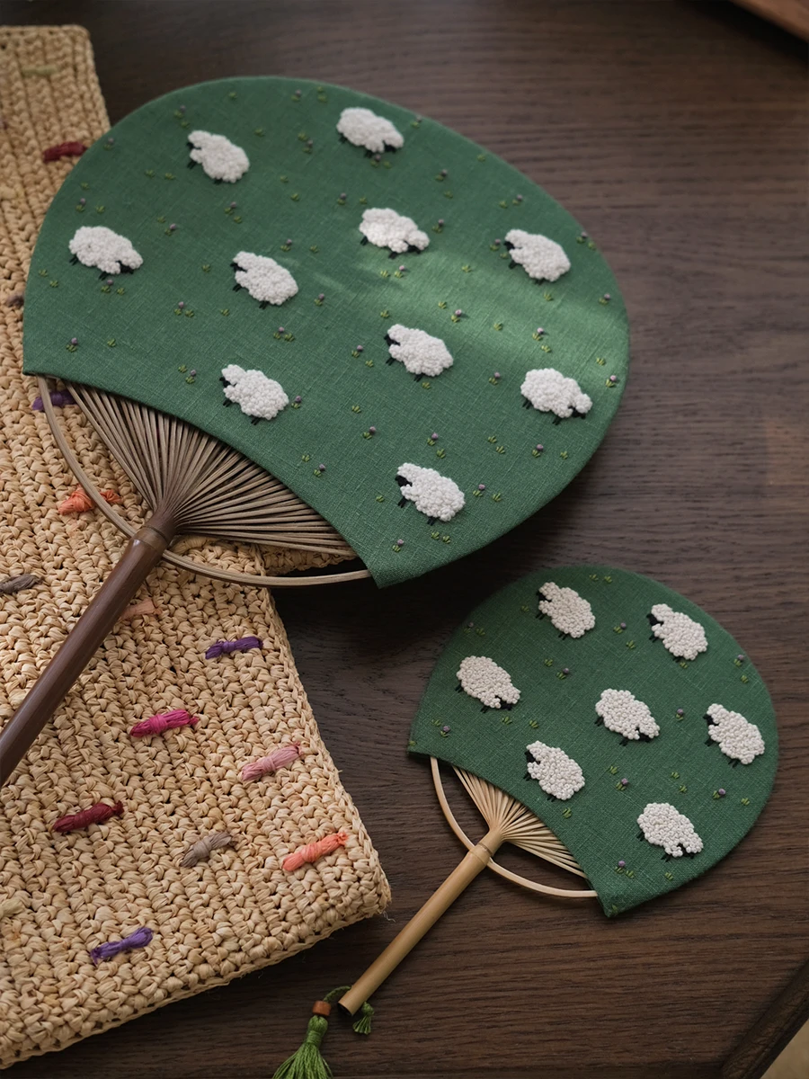 羊毛刺繍のDIY団扇材料キット：小型竹扇子の手作りに必要な素材と使い方