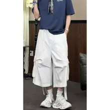 カーゴパンツ ユニセックス 七分丈 マルチポケット ワイド ルーズ アメリカン風 ストリート 夏
