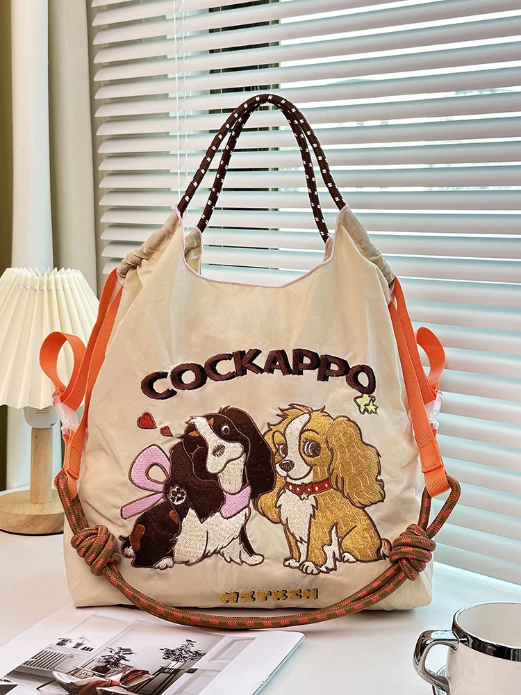 カラフルな刺繍コッカースパニエルエコバッグ【キャンバス製・大容量・通勤用・ショルダーバッグ】