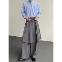 秋季デザインの重ね着風ワイドパンツ【ドレープ仕上げ・カジュアル・男性用】（セットアップ対応）