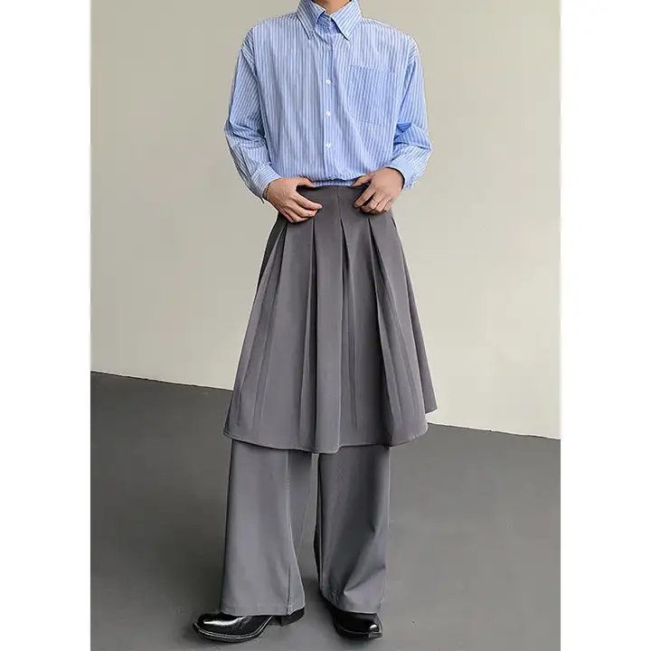 秋季デザインの重ね着風ワイドパンツ【ドレープ仕上げ・カジュアル・男性用】（セットアップ対応）