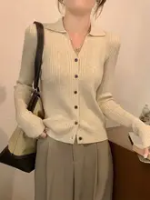 ポロ襟デザインのフィットニットカーディガン【長袖・Vネック・春秋用・女性用】