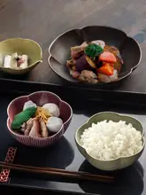 ご飯茶碗 丼鉢 手作り 粗陶 花びら型 おしゃれ ブラック ヴィンテージ 家庭用 食器