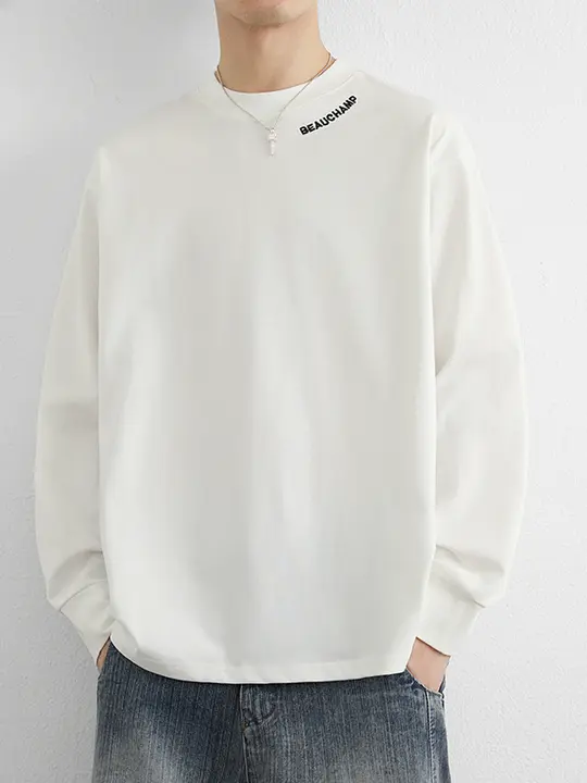 純綿製 長袖 メンズTシャツ【刺繍デザイン・春秋用・シンプルカラー】