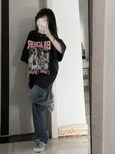 ヴィンテージ風 ブラックオーバーサイズ Tシャツ【夏用・ストリートスタイル・女性用】