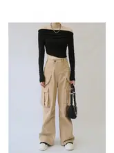 カーキ色の高腰ワイドレッグパンツ【春秋用・カジュアル・アウトドア・ヒップホ  ップスタイル】（セットアップ対応）