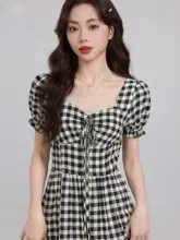 夏用レース切替チェック柄Aラインワンピース【特徴的なウエストデザイン・女性用】