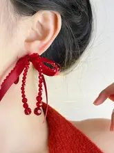 高級感ある赤いリボン付きクリスタルタッセルイヤリング【華やか・花嫁用・おしゃれ】